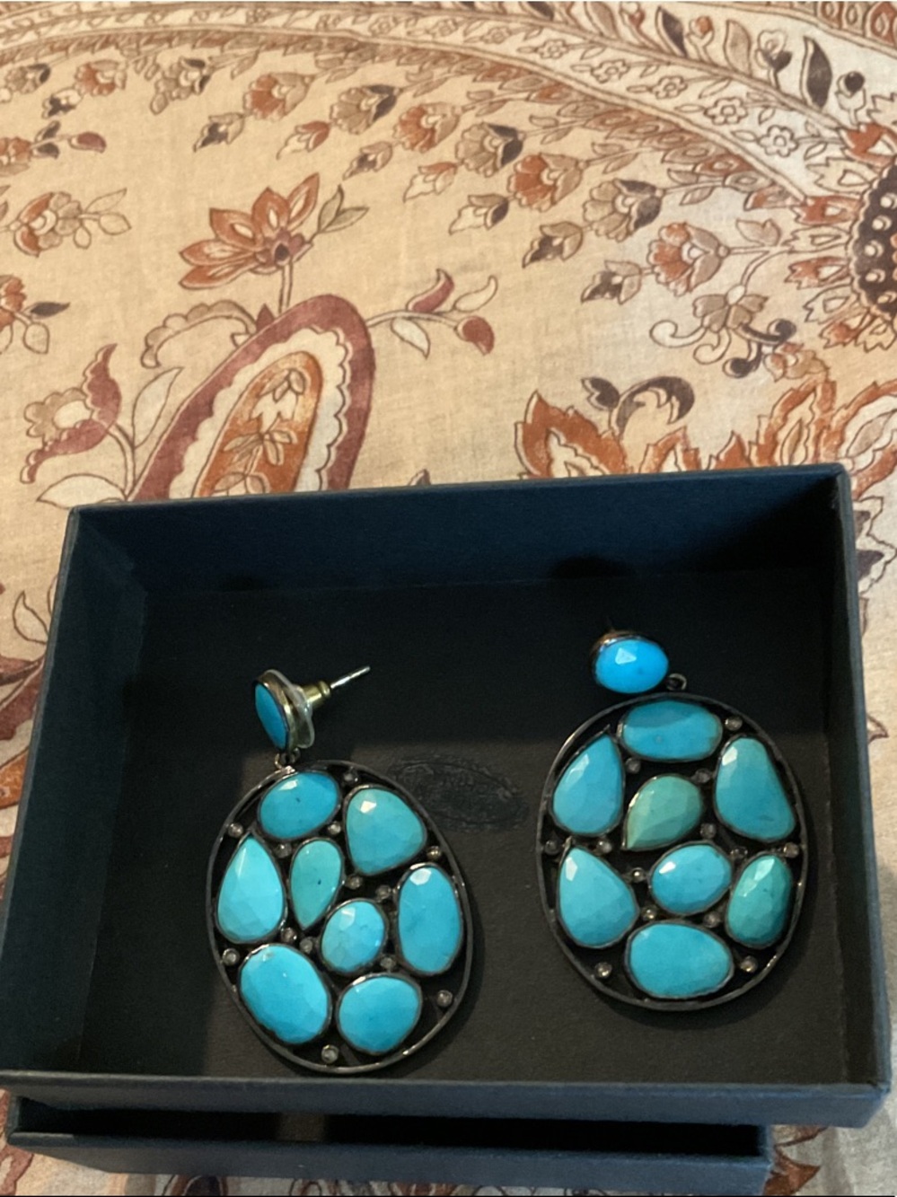 Turquoise Teardrop Drop pierced earring. Real turquoise and diamonds  @ 2” drop